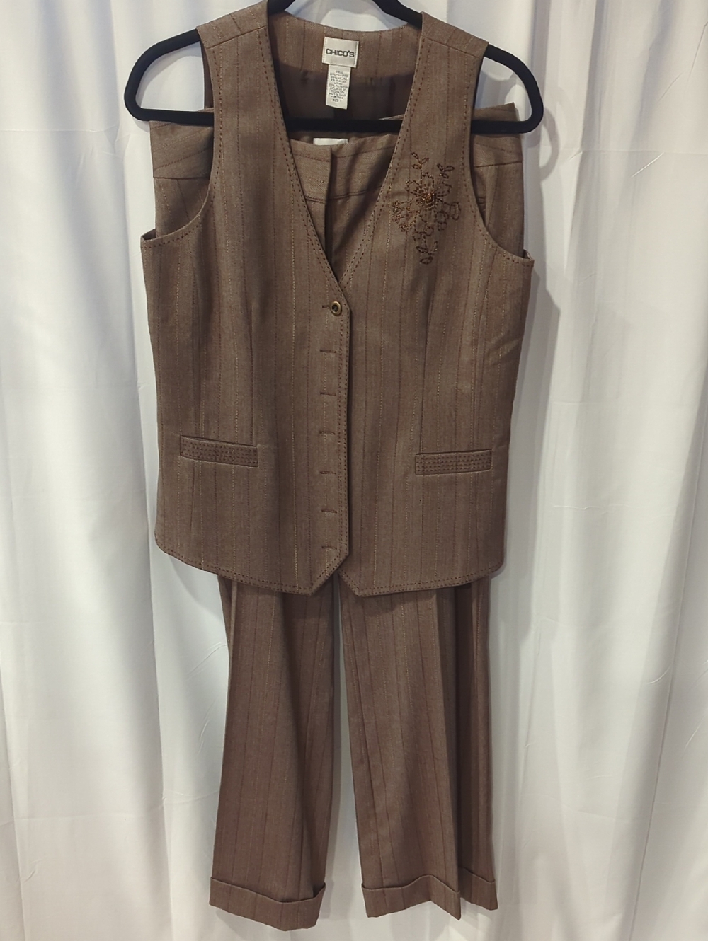 Chico's Brown Pinstripe Vest & Pants Suit with Embroidered Detail